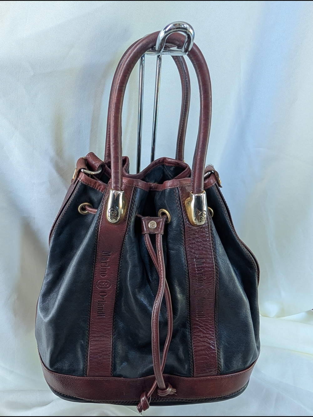 VTG Marino Orlandi Leather Drawstring Bucket Bag Made in Italy Black Brown